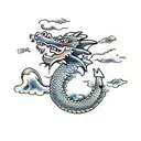 Taiwanase dragon around compass with clouds and chinese letters in background tattoo design idea