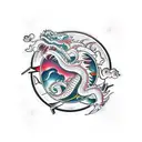 Taiwanase dragon around compass with clouds and chinese letters in background tattoo design idea