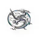 Taiwanase dragon around compass with clouds and chinese letters in background tattoo design idea