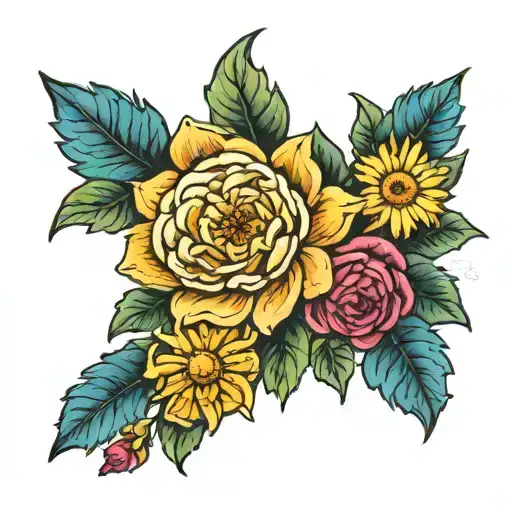 daisies, roses, larkspur, chrysanthemum and narcissus tattoo design idea