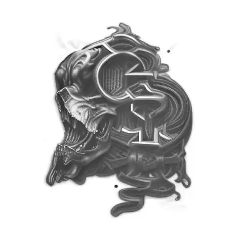 a a blackwork rustic design, depicting twisted steel I beams, includes initials "CSM", "LJM" and "KMM",  tattoo design idea