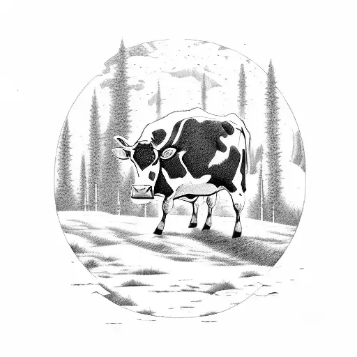 a cow as a spaceship abducting alien cattle, set against a forest backdrop. and nature elements artistically tattoo design idea