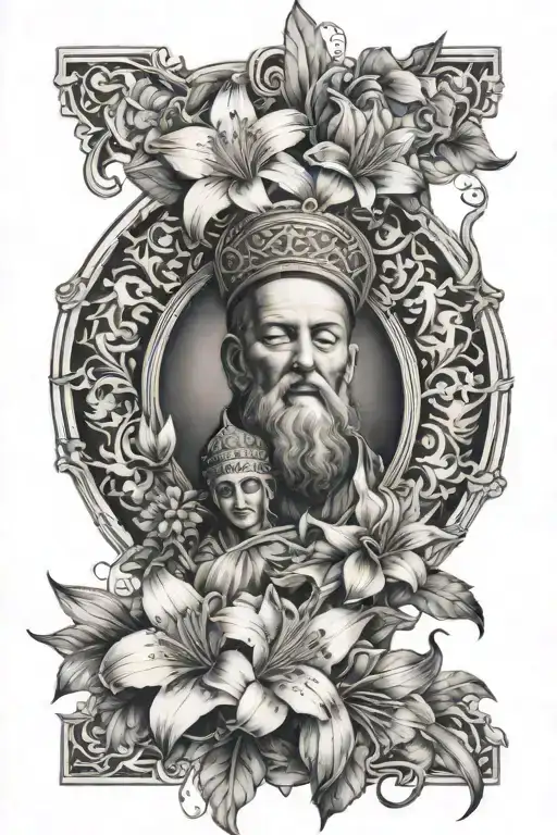 sleeve tattoo design with religious symbols and lilys flowers  tattoo design idea