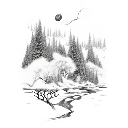 river, forest, wind, dreams tattoo design idea
