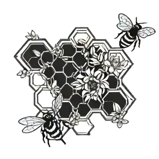 A geometric honeycomb pattern with delicate flowers and buzzing bees tattoo design idea