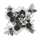 A geometric honeycomb pattern with delicate flowers and buzzing bees tattoo design idea