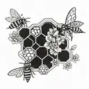 A geometric honeycomb pattern with delicate flowers and buzzing bees tattoo design idea