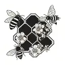 A geometric honeycomb pattern with delicate flowers and buzzing bees tattoo design idea
