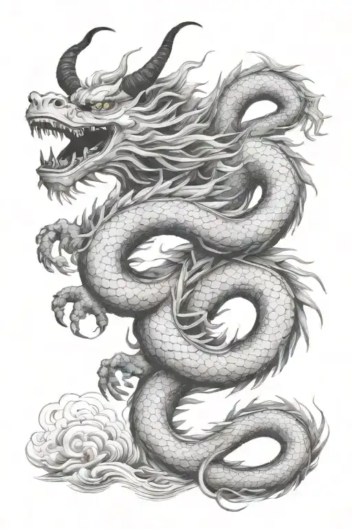 Japanese dragon with hieroglyphs tattoo design idea