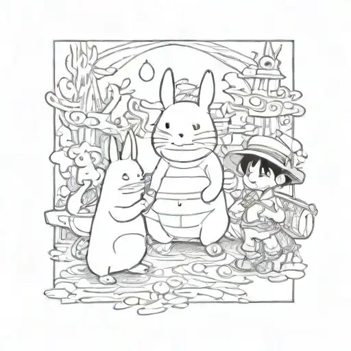 moomin, goku and luffy doing the middle finger in a square  tattoo design idea