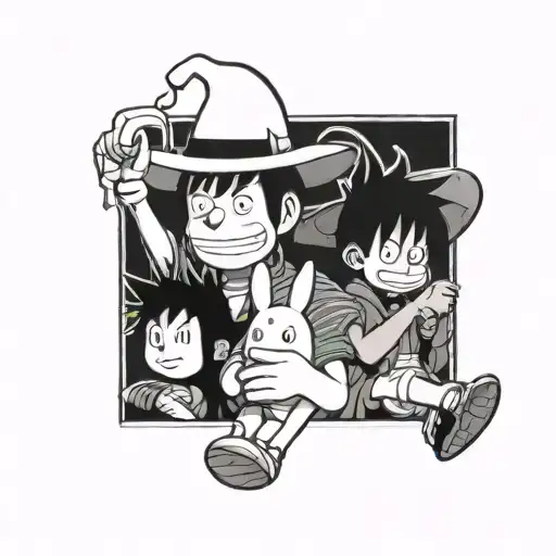 moomin, goku and luffy doing the middle finger in a square  tattoo design idea