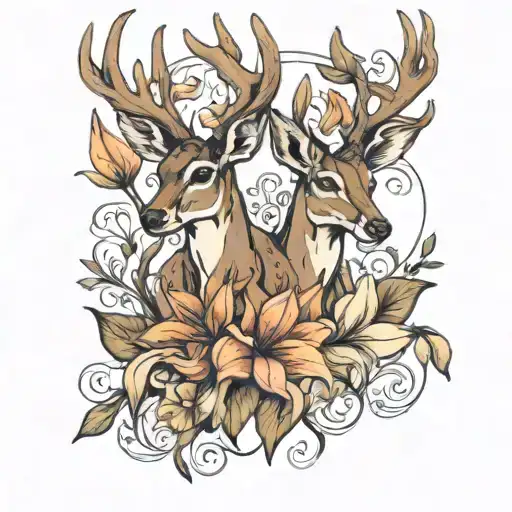 Buck and Doe surrounded by lily flowers tattoo design idea