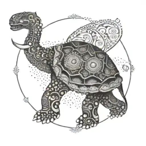 An intricate dotwork mandala with a hidden silhouette of a turtle and elephant, representing balance and strength in life and work tattoo design idea