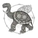 An intricate dotwork mandala with a hidden silhouette of a turtle and elephant, representing balance and strength in life and work tattoo design idea