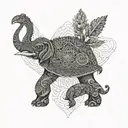 An intricate dotwork mandala with a hidden silhouette of a turtle and elephant, representing balance and strength in life and work tattoo design idea