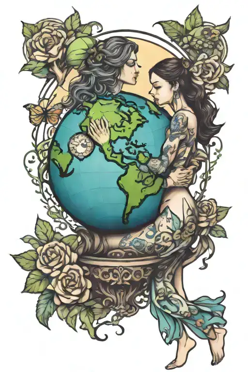 mother earth girl hugs a globe surrounded tattoo design idea