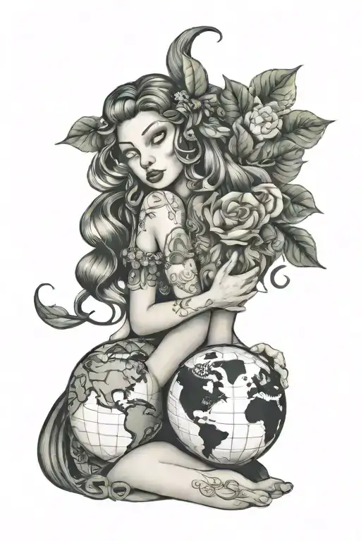 mother earth girl hugs a globe making emphasis tattoo design idea