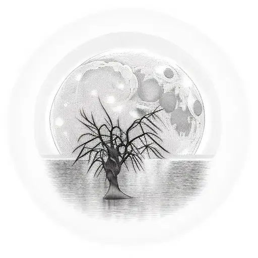 moon peeking through willow tree tattoo design idea