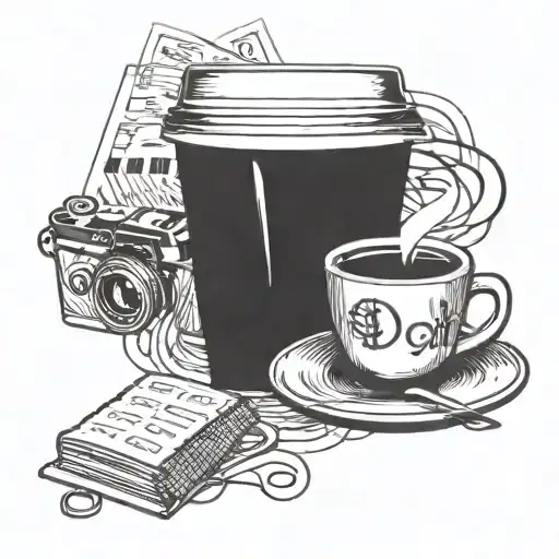 A coffee cup with musical notes flowing out of it, surrounded by a camera lens and a passport stamp, symbolizing your love for coffee, music, photography, and travel tattoo design idea