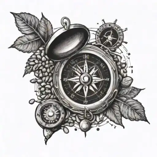 A compass surrounded by coffee beans, musical notes, and photography film, symbolizing your wanderlust and passion for coffee, music, and photography tattoo design idea