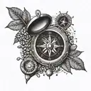 A compass surrounded by coffee beans, musical notes, and photography film, symbolizing your wanderlust and passion for coffee, music, and photography tattoo design idea