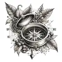 A compass surrounded by coffee beans, musical notes, and photography film, symbolizing your wanderlust and passion for coffee, music, and photography tattoo design idea
