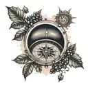 A compass surrounded by coffee beans, musical notes, and photography film, symbolizing your wanderlust and passion for coffee, music, and photography tattoo design idea