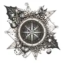 A compass surrounded by coffee beans, musical notes, and photography film, symbolizing your wanderlust and passion for coffee, music, and photography tattoo design idea