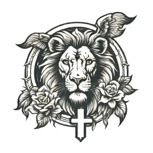 lion on left side Jesus on right side cross in the middle 3 crosses on the bottom tattoo design idea