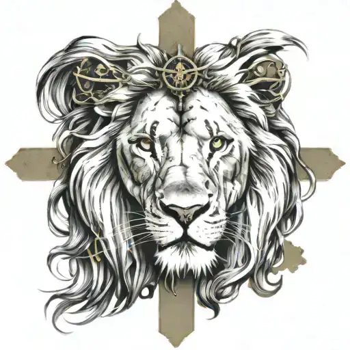 lion & jesus with cross & 3 crosses tattoo design idea