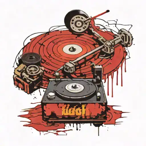 A broken record player with the words 'worthiness' and 'significance' in the grooves tattoo design idea