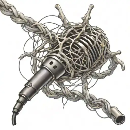A microphone cord tangled in a web, symbolizing feeling trapped by others' expectations tattoo design idea