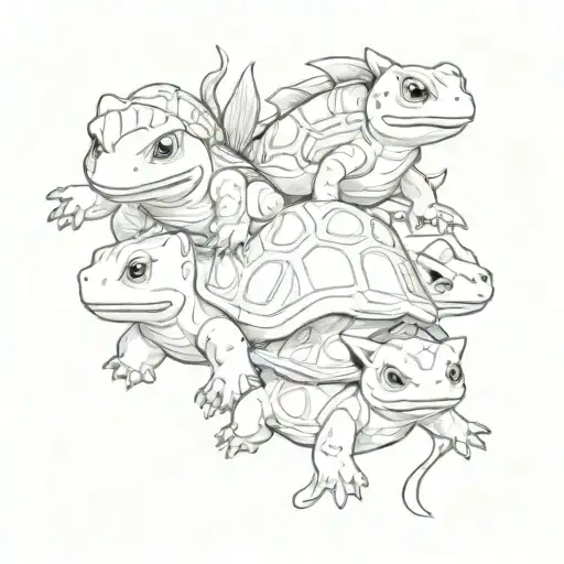 a sketch with salamander, bulbasaur and squirtle  tattoo design idea