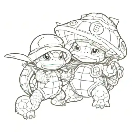 A combination of a set of role playing game with squirtle and luffy's strawhat  tattoo design idea