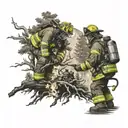 firefighter battling flames and forest landscape tattoo design idea