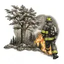 firefighter battling flames and forest landscape tattoo design idea