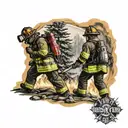 firefighter battling flames and forest landscape tattoo design idea