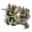 firefighter battling flames and forest landscape tattoo design idea