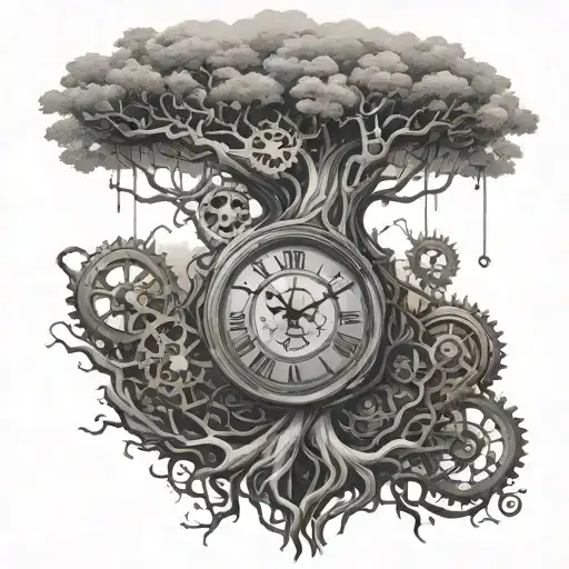 A majestic tree with roots shaped like business graphs and branches adorned with vintage clocks and gears, embodying the idea of growth and time management in entrepreneurship tattoo design idea