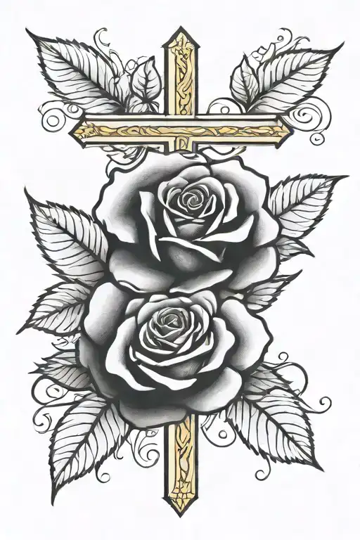 rose with stem and leaves wrapped around a cross tattoo design idea