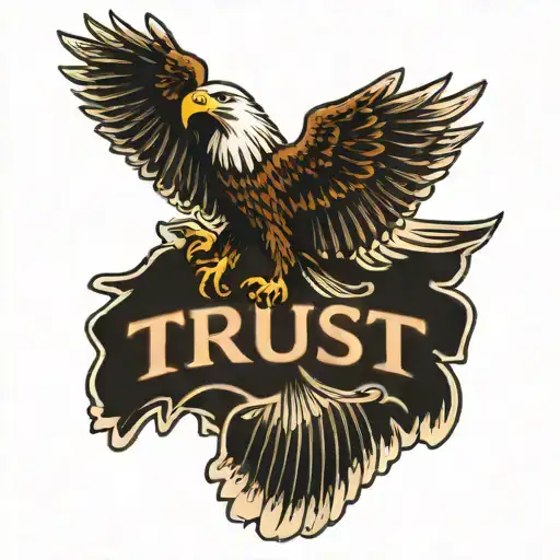 An eagle with it's wings spread wide with the word "TRUST" written beneath it.  tattoo design idea