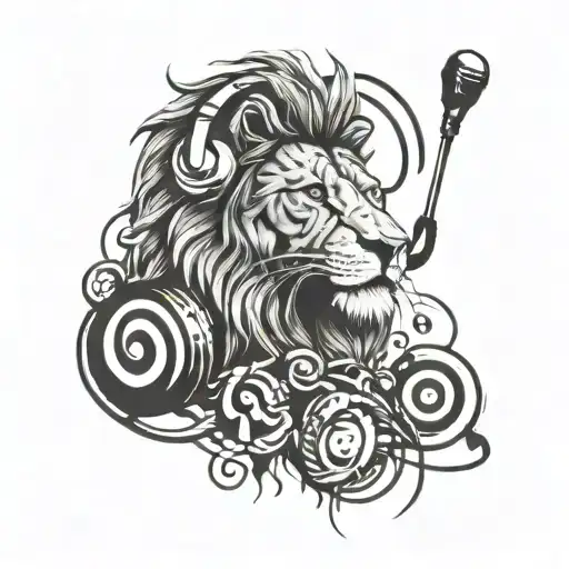 Hugo viking runes lion wearing headphones surrounded by musical notes tattoo design idea