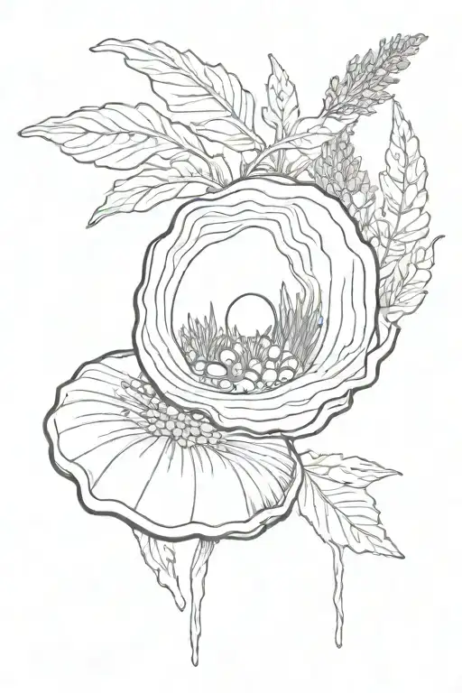 pearl in shell with lavender at the background black small fineline tattoo design idea