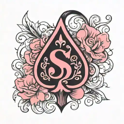 black spade with pink letter S in a feminine style tattoo design idea