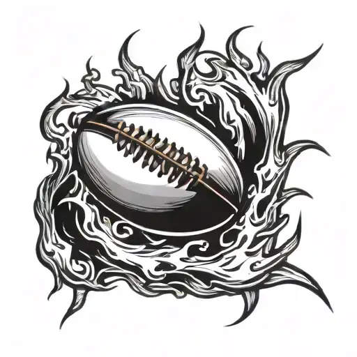 A rugby ball engulfed in flames, symbolizing passion and intensity on the rugby field tattoo design idea