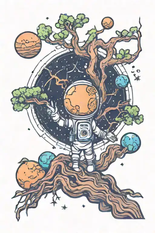 tree with roots in space with planets on branches, little astronaut holding the sun, geometry tattoo design idea