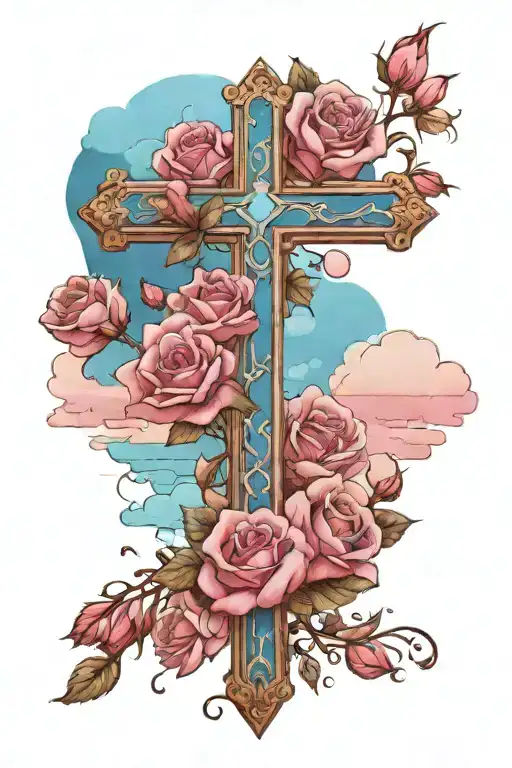 a cross with blue and pink clouds above  it and roses below it tattoo design idea