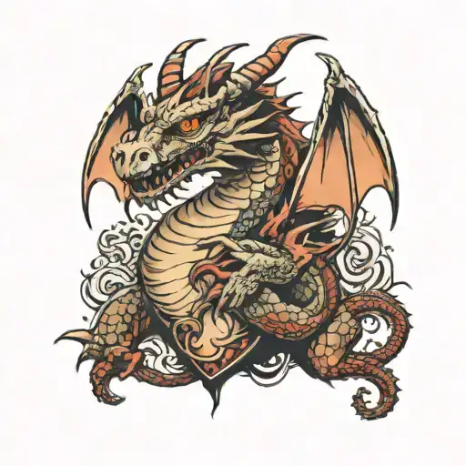 A scary dragon sleeping on a human heart tattoo design idea