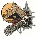 pyramid head inside the hand from death stranding inside the moon from Zelda majora's mask  tattoo design idea