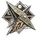 pyramid head inside the hand from death stranding inside the moon from Zelda majora's mask  tattoo design idea